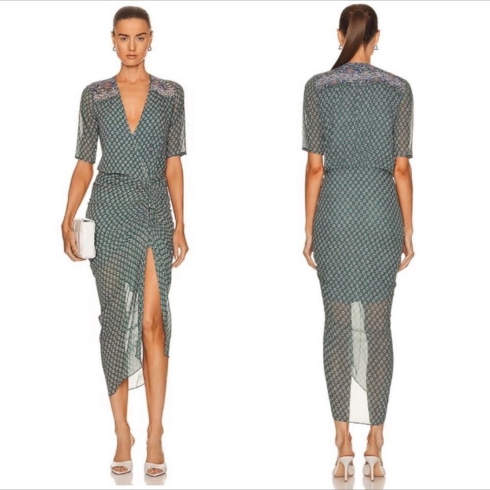Veronica Beard Teal Patterned Wrap Midi Dress
